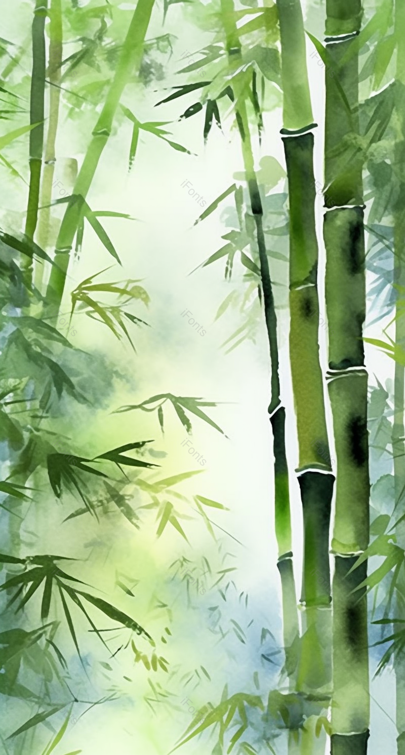 中国风插画春天季节绿色的竹叶竹子竹林雾气弥漫自然环境,插画/手绘图,插画/手绘图库,插画/手绘图下载,插画/手绘
